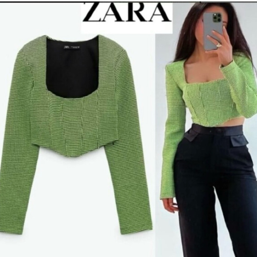 ZARA NWTS NEON GREEN HOUNDSTOOTH CORSET TOP SZ SM NWTS!!!!